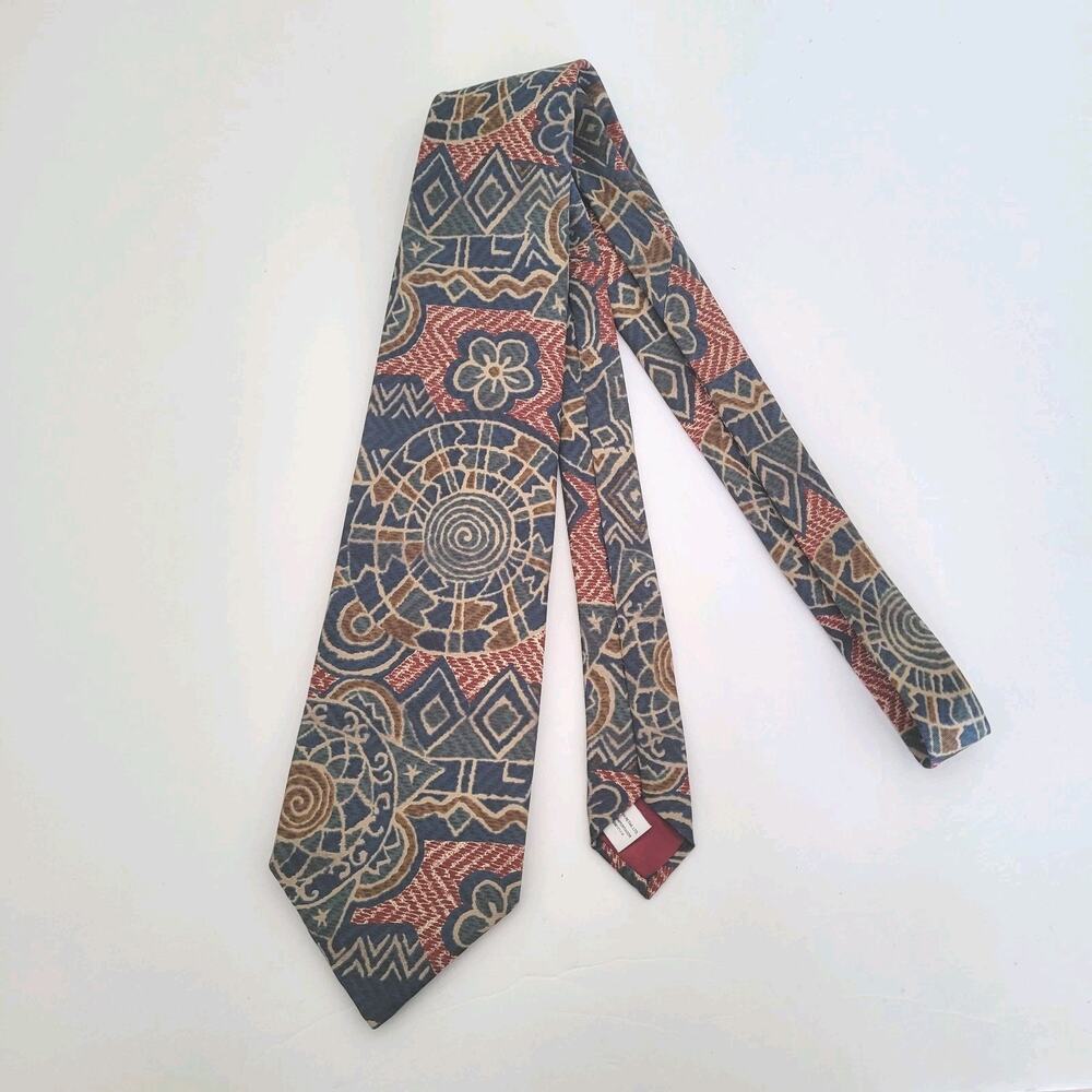 Burtons Men's Neck‎ Tie Made U.K 100% Pure Silk Blue Red Floral Abstract Vintage